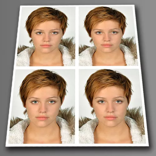 Vier identische biometrische Passfotos einer jungen Frau mit kurzem, rötlich-blondem Haar, neutralem Gesichtsausdruck und heller Haut. Sie trägt eine helle Jacke mit Fellkragen. Die Fotos sind auf einem weißen Fotobogen angeordnet.