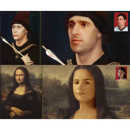 Vergleich von Originalporträts mit modernen Fotoinszenierungen. Oben links ein historisches Gemälde eines Mannes mit dunkler Mütze und einer Pfeilspitze, daneben die moderne Nachstellung mit einem realen Mann, dessen Gesicht dem Gemälde nachempfunden wurde. Unten links das berühmte Gemälde der Mona Lisa, rechts daneben eine moderne Nachstellung mit einer jungen Frau, die ähnliche Gesichtszüge und Haltung hat. In beiden Fällen sind kleine Vorschaubilder der realen Personen zu sehen, die für die Inszenierung verwendet wurden.