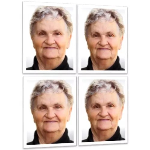 Professionelle Passbilder vor Ort erstellen lassen – Beispiel einer älteren Dame mit biometrischen Passfotos für Ausweis, Reisepass oder Führerschein. Schnell, unkompliziert und direkt zum Mitnehmen.